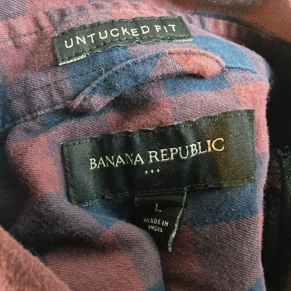 Banana Republic Shirt Mens Large Red Blue Plaid Button Up Long Sleeve Untucked